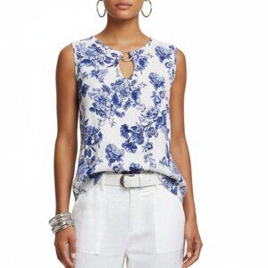Harper 241 Blue & White 100% Linen Short Sleeve Blouse Top XL
